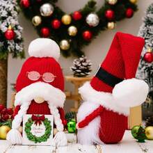 2pcs Christmas Decorations - Knitted Pom Pom Hat, Wooden Plaque Reindeer Figurine - Multicolor - View 4