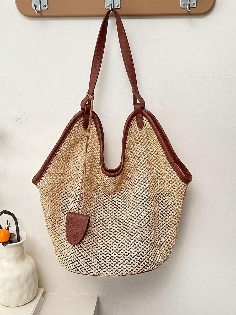 Minimalist Fashion Woven Bag, Large Capacity Vintage Beach Bag, Contrast Color Tote - Brown - View 1