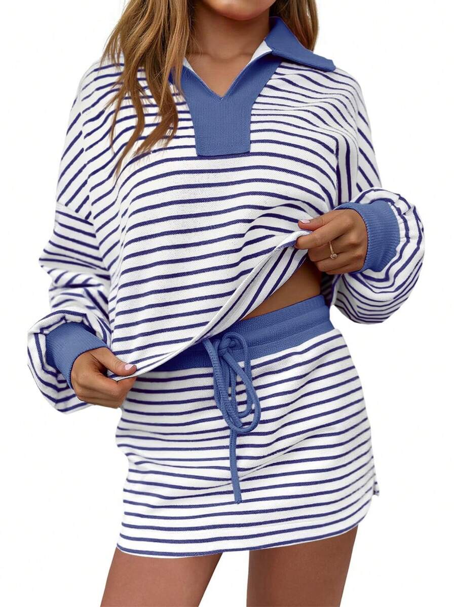 Fisoew Women's Striped Sweatshirt & Skirt Set Casual Long Sleeve Lounge Outfit Matching Workout Coords Summer Y2K Aesthetic Tennis Skort Comfy Two Piece - 深藍色 - 查看 1