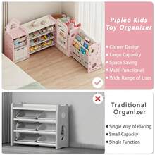Foldable Kids Toy Storage Organizer With 10 Removable Bins And 3-Tier Bookshelf, 3 In 1 And 4 In 1 Multifunctional Large Toy Organizer With Drawing Board For Kids Bedroom Playroom Living Room - 4 在 1 Off-Light Pink - 查看 6