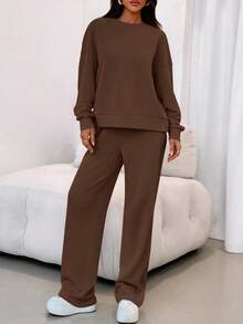 Women's Two-Piece Suit, Sports Suit, Loose Sweatshirt, Sports Pants, Autumn Fashion Casual Matching Suit. - 棕色 - 查看 6