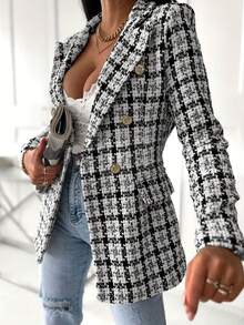 1pc Plaid Button Faux Pocket Women Blazer Jacket - Black and White - View 2