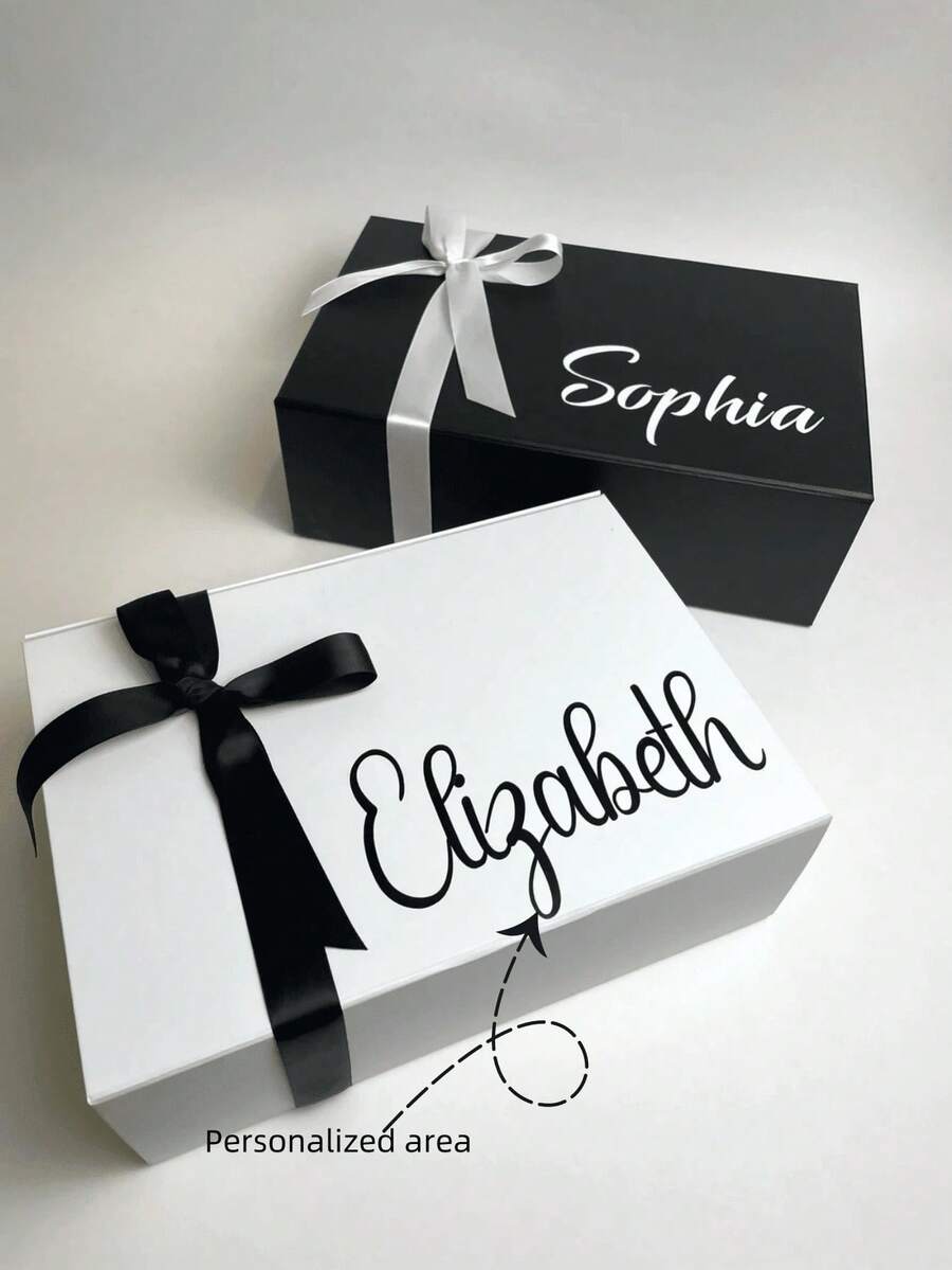 Personalized Gift Box (With Lid), Customized Gift Box (With Lid And Ribbon), Suitable For Gifting, E.G. Groom's Thank You Box, Wedding Gift Box, Bridesmaid Box, Personalized Magnetic Folding Storage Box, Self-Love Box, Mother's Day, Birthday, Bride Gift, Wedding Packaging ,Forever Love, Minimalist Chic - Multicolor - View 1