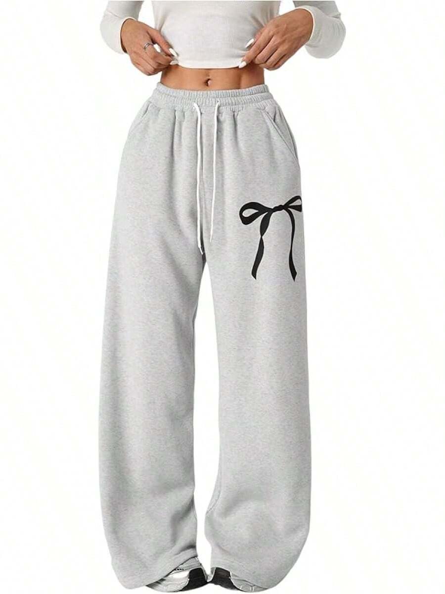 's Bowknot Baggy Sweatpants Lightweight Straight Leg Athletic Pants With Pockets