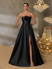 Faeriesty Style Elegant Luxury Stereo Flower Halter Neck Split Thigh Satin Prom Dress – Backless Tie-Belt Design For Weddings, Galas, And Cannes Parties Proms, Red-Carpet Events, And High-End Banquets​,Award Ceremonies