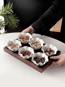 1pc Chinese Tea Snack Plate, Lotus Ceramic Dish, Vintage Home Dry Fruit Plate Set, Candy Snack Tray, Tea Snack Plate, Wooden Serving Tray, Compartment Plate, Ceramic Bowl - Multicolor - View 4