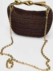 2025 Spring New Women's Bag With Metal Handle And Metal Chain, Mini Woven Crossbody Bag