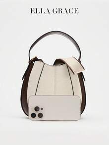 ELLA GRACE-复古双色水桶包 - 帆布和皮革斜挎包，配有可拆卸零钱包，宽敞的日常钱包，适合上下班通勤、周末出差和休闲旅行 - 米色 - 查看 3