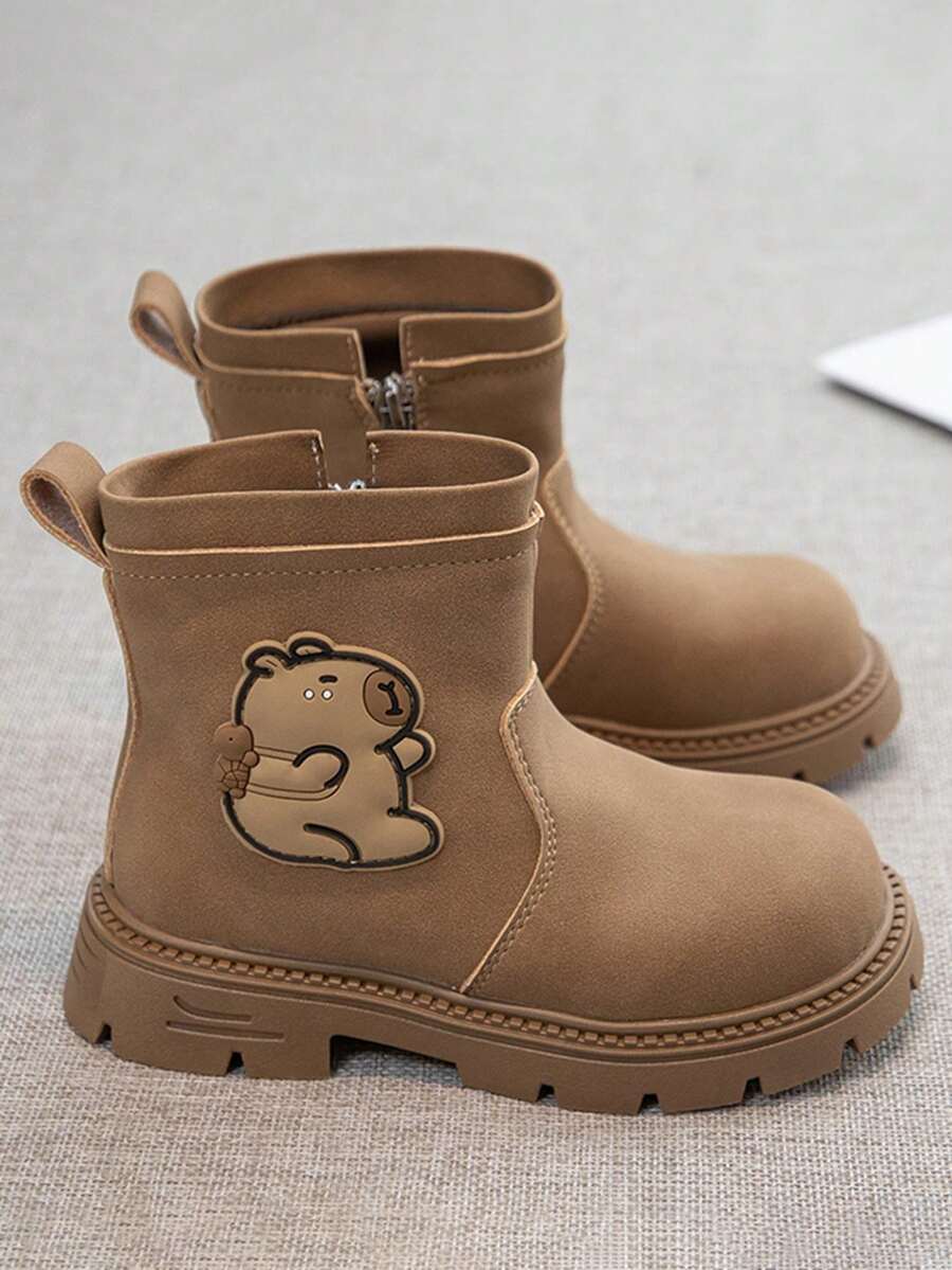 Children's Boots, Autumn/Winter, Toddler Versatile Comfortable Boys' Side Zipper Leather Boots, British Style Girls' Bear Boots