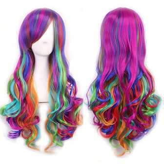 Vibrant Harajuku-Inspired Rainbow Color Wig Women Multicolor Long Wavy Cosplay Wig With Bangs - Heat Resistant Synthetic Hair, Adjustable Net-Cap For Perfect Fit, 71.12 Cm