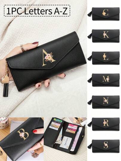 1 Piece Women's Folding Long Wallet Black Pu Leather Wallet With Floral Gold Initials A-Z, Cute Girls Lovely Coin Purse, Fashion Women's Card Holder Mini Tassel Wallet, Waterproof, Portable, Large Capacity Credit Card Zipper Id Card Cash Storage, Suitable For Business, Casual, Birthday Gift, Teacher's Day Gift, Christmas Gift.