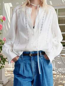 Womens Loose Button Down Shirts Long Balloon Sleeve Lace Patchwork Tops Fall Blouse - trắng - Xem 2