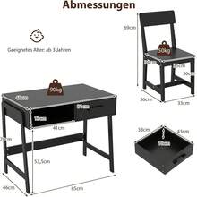 Children's Desk With Chair Set, Children's Desk Set With Drawer, Pinewood Legs, Children's Seating Group, Youth Desk, Student Desk For Children From 3 Years, 85 X 48 X 70 Cm - Black - View 6