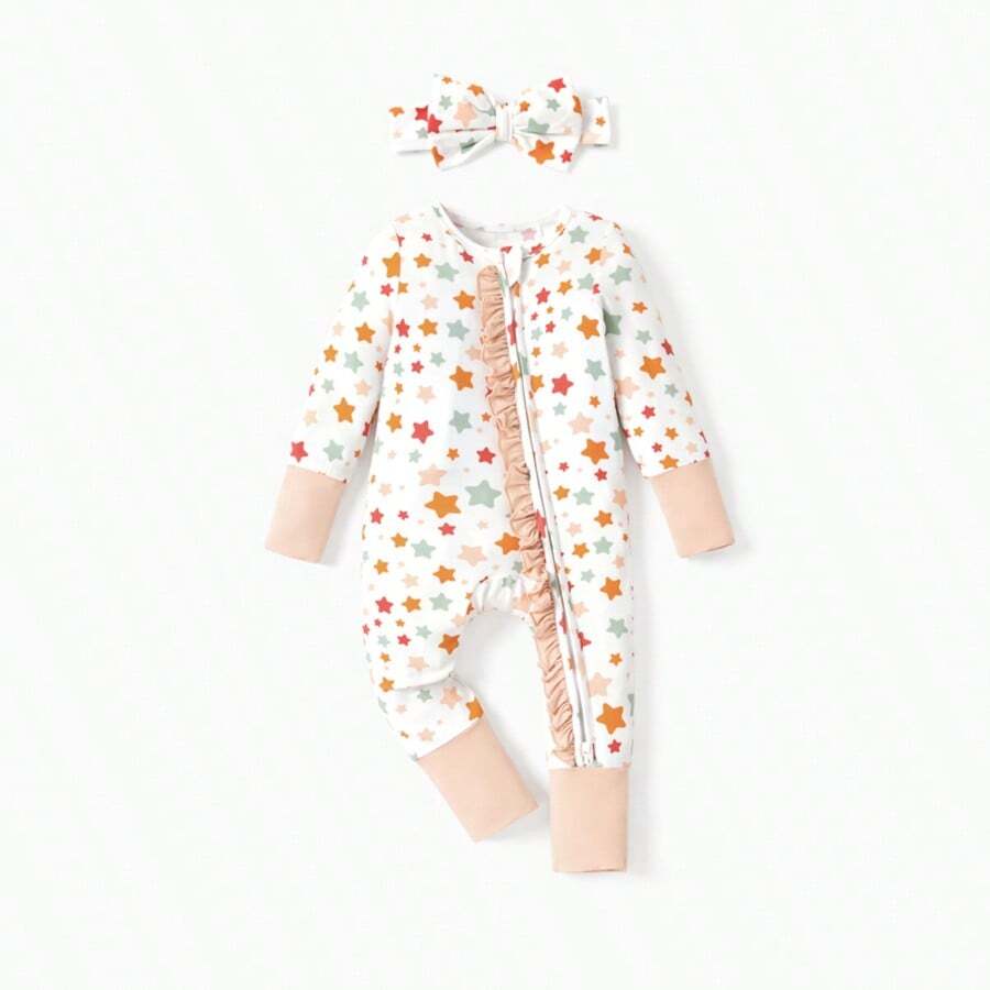 PatPat Bamboo Baby Boy/Girl Animal Printed 2-Way Zip Anti Slip Long-Sleeve Footie With Hairband - Màu be - Xem 1