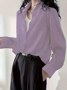 Plus Size Women's Casual Striped Shirt With Turndown Collar, Suitable For Commuting, Spring/Summer - Purple - View 5
