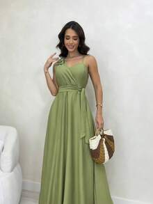 Women's Long Dress With Wrap Neckline And Lastex Cup - Elegant For Parties, Weddings And Special Events - 橄欖綠 - 查看 2