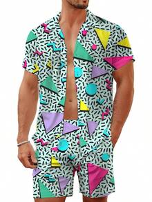 80s 90s Men's Hawaiian Outfits 2 Piece Shirt And Shorts Sets Button Down Beach Suits Disco Partyhalloween - Màu 4 - Xem 6