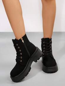 搭配任何牛仔裤，加大码女式系带粗跟踝靴，时尚侧拉链靴，多功能摩托车靴搭配牛仔裤 - 黑色 - 查看 4