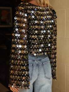 Womens Long Sleeve Sequined Tops Loose Fit Stylish Sparkly Crew Neck Long Flared Sleeve T-Shirt - màu đen - Xem 4