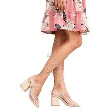 Womens Square Toe Lace-Up Strappy Heeled Sandals Braided Block Chunky Heel Ankle Strap Shoes - Beige - View 2