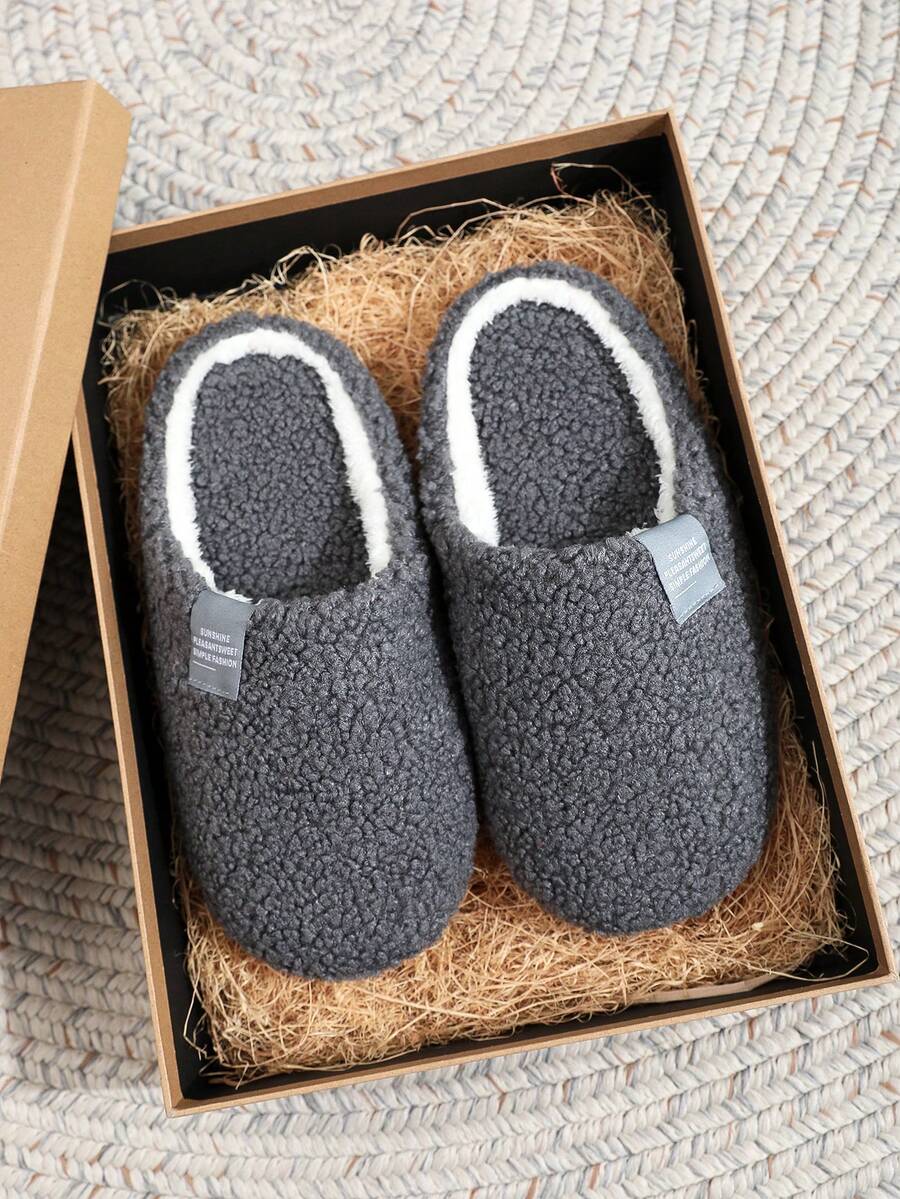 Men's Soft Bottom Simple Thin Sole Lightweight White/Black Slippers, Fashion Indoor Home Flat Thermal Slippers, Fluffy Elegant College Style Warm Slippers For Autumn/Winter