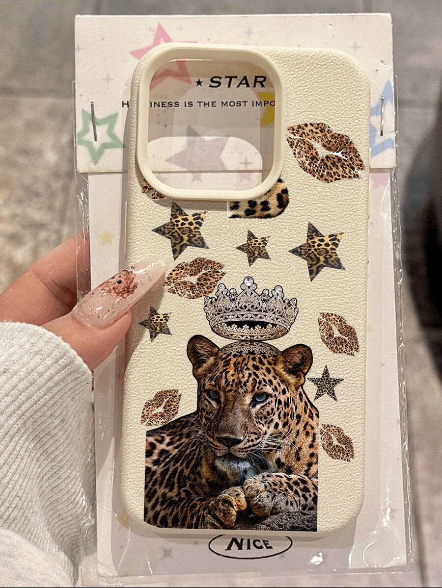 1件装极简豹纹皇冠、豹纹、星星、嘴唇图案软壳保护套，防滑，兼容苹果及其他品牌手机，防水防震防摔防刮。
