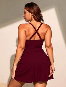 Swim Lushoire Váy bơi buộc dây phía trước màu trơn cỡ lớn, phong cách nghỉ dưỡng bãi biển - Màu Đỏ Sâu - Xem 2