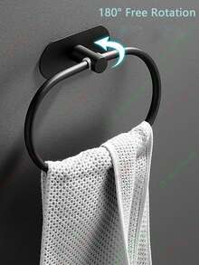 Bathroom Wall-Mounted Towel Rack, Stainless Steel Towel Ring For Kitchen, Bathroom And Laundry Room, No Drilling Required To Hold Towels And Rags, Heavy-Duty Towel Hook, Face Towel Rack With Hooks - Black - View 4