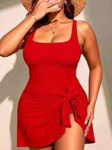 Swim Lushoire Plus Size Solid Color Swimsuit Dress, Fashionable For Summer - Red - View 3