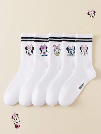 Disney 1/5 Pairs Authentic Striped Mid-Calf Socks, Cute Cartoon Distinctive Men's Socks With Patterns, Moisture-Wicking Casual Versatile Crew Socks With Cartoon Designs, Suitable For Students/Adults As Gifts And Daily Wear