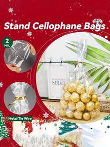 50/100个透明三角玻璃纸礼品袋，配金色扭绳，可重复使用的塑料礼品包装，适用于马克杯、甜点、松饼、面包、巧克力、透明面包袋、塑料袋、饼干袋、糖果袋，适合作为零食礼品、生日派对礼物、圣诞礼品袋。 - 彩色 - 查看 4