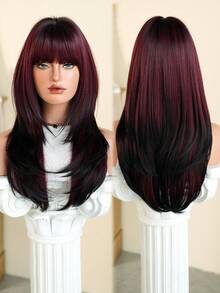 7JHH WIGS Glam 24-Inch Long Layered Wine Red Ombre Wig With Bangs For Women, Dark Roots Soft Heat-Resistant Fiber Full Machine Synthetic Straight Hair Wigs For Daily Party Cosplay Halloween Wear, Music Festivals Celebrations Use - 酒紅色 - 查看 5