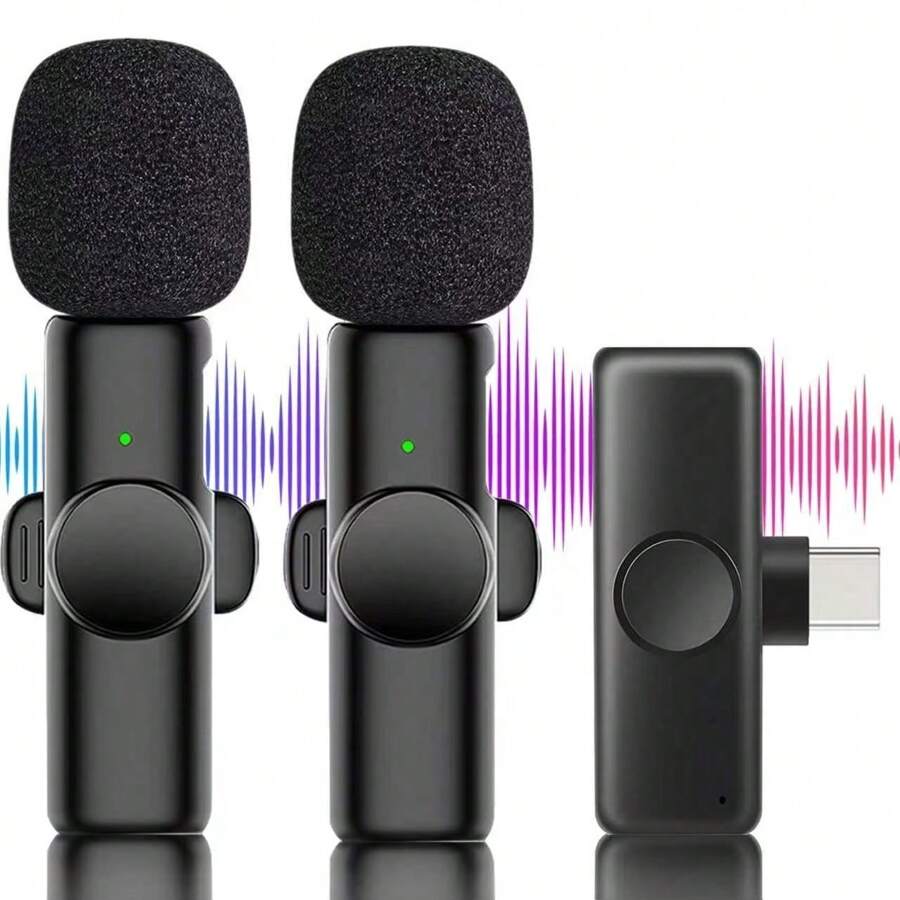 Wireless Lavalier Microphone For Phone IPad TypeC Lapel Mics Plug-Play 2.4G Ultra-Low Delay Built-In Noise Reduction Chip Working Time For Video Recording Interview Podcast Vlog - Black - View 1