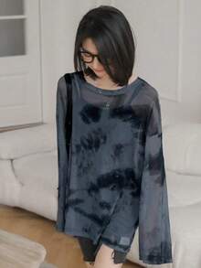 休闲扎染印花透明落肩宽松衬衫，春夏 - 藍色 - 查看 4