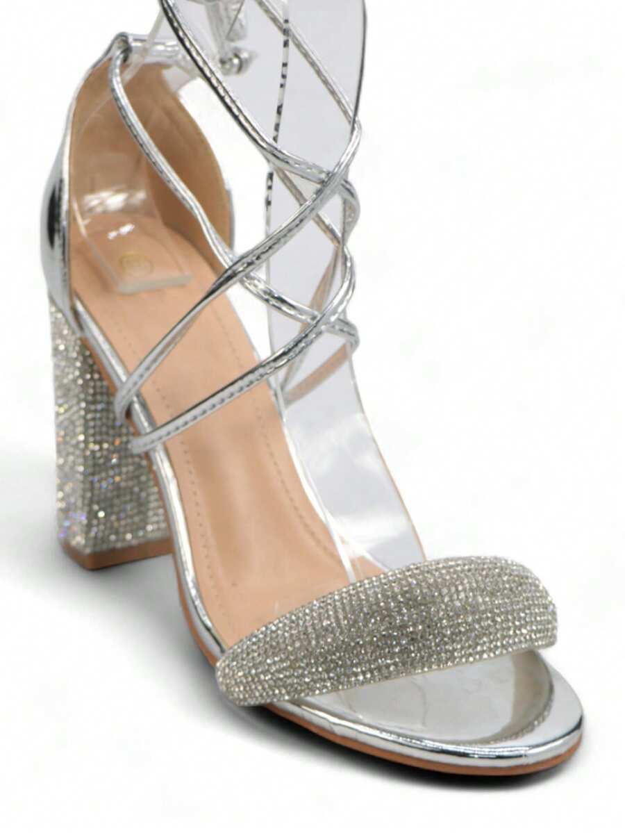 Giày cao gót buộc dây đế thô thoải mái Giày sandal thời trang mùa hè cho nữ - Bạc - Xem 1