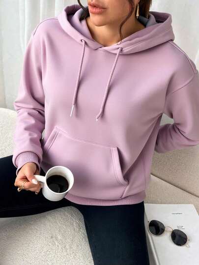 sudadera unicolor con capucha y diseño en los cordones ajustables  Liso    Casual    Bolsillo  Cordón    Colegio