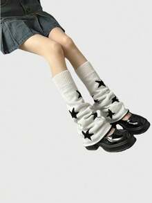 Retro American Style Knitted Leg Warmers, Five-Pointed Star Pattern, Flared Leg, Reversible, Slimming Slouchy Leg Warmers, Fall / Winter