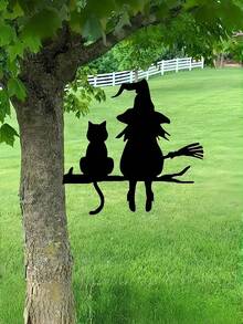 1 件迷人的女巫和猫花园装饰 - 耐用的铁艺庭院艺术与飞天扫帚，非常适合万圣节、草坪、花园、露台户外空间、树桩插入物、户外花园装饰|恐怖主题装饰|女巫装饰 - 彩色 - 查看 8