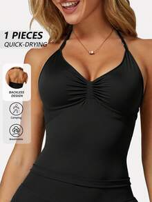 DINBEY Nouveau débardeur de yoga style impact sportif, Top de yoga ajustable pour femmes - Noir - Voir 1