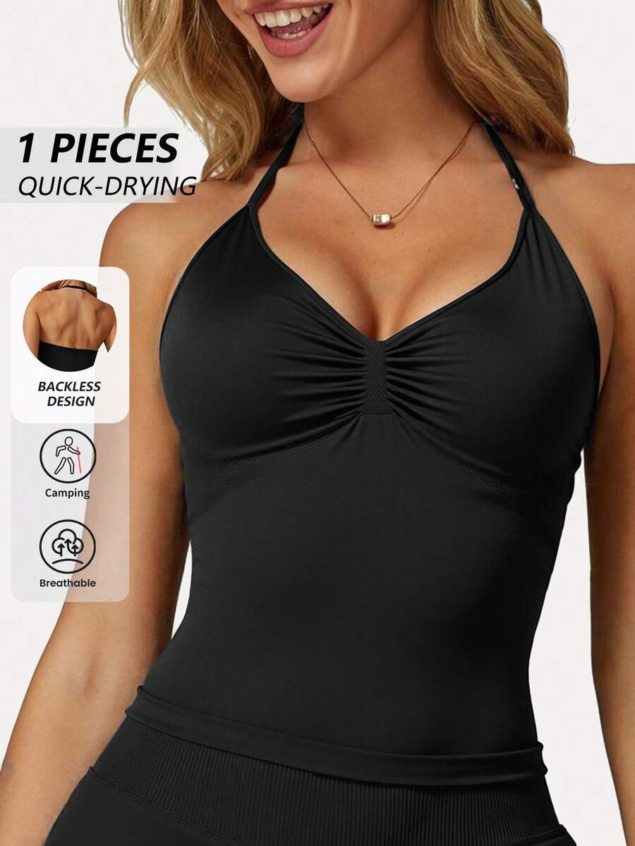 DINBEY Nouveau débardeur de yoga style impact sportif, Top de yoga ajustable pour femmes - Noir - Voir 1