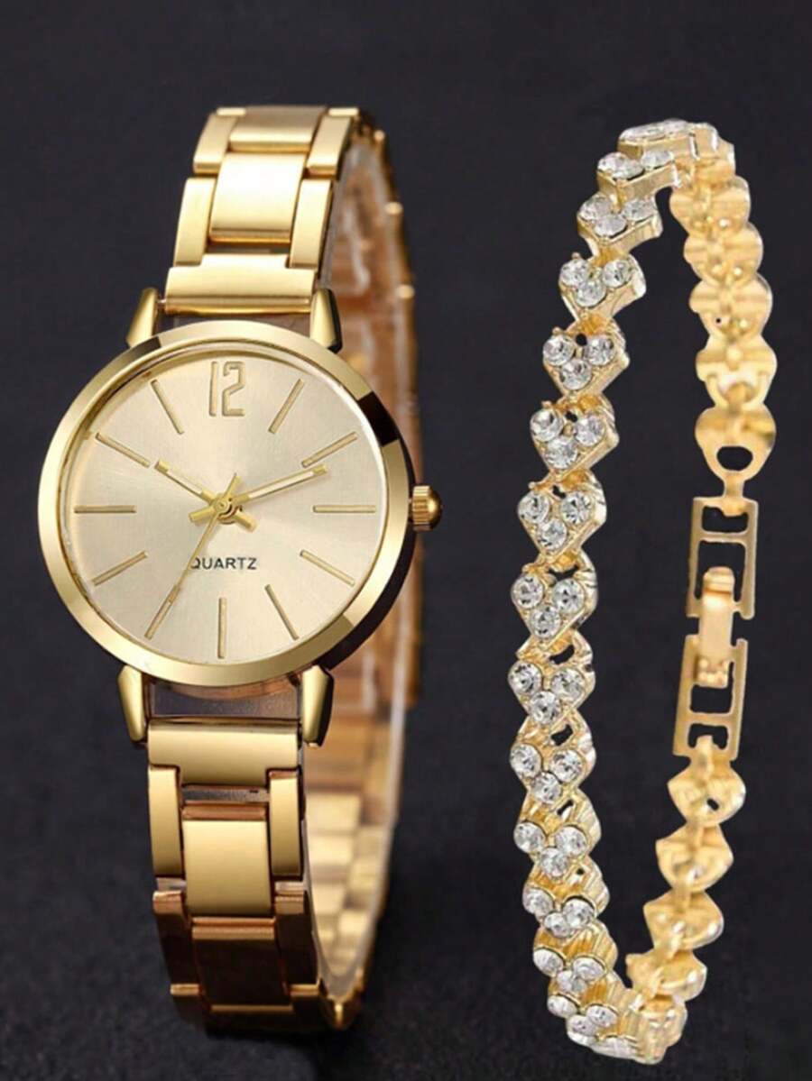 2PCS Digital Small Disc Girls Quartz Watch With Bracelet Is Perfect For Daily Wear, Back-To-School Season, Thanksgiving, The Best Gift For Couples