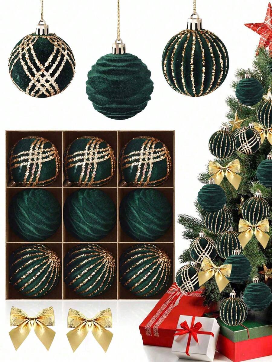 9 piezas Bolas de Navidad verdes con pintura de felpa, Adornos de árbol de Navidad, Bolas de plástico a prueba de roturas para decoración de árbol de Navidad, fiestas, bodas y ventanas - Verde Oscuro - Ver 1