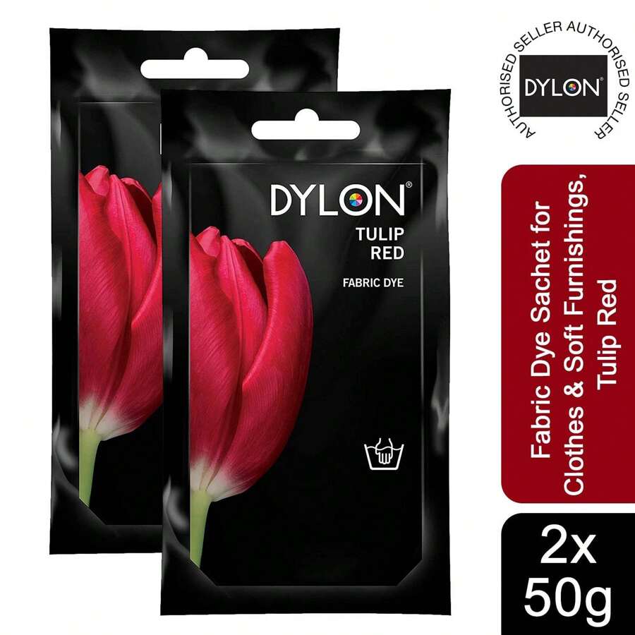 Dylon 手工織品染料小袋 2 包，每包 50 克，適用於衣服、家紡、軟家具，易於在家中訂製和翻新織物 - Tulip Red - 查看 1