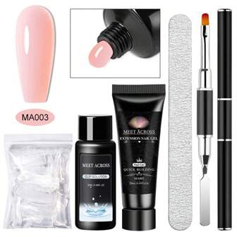 MEET ACROSS Kit de extensión de uñas de 5 piezas, gel de extensión de color rosa nude con solución deslizante, formas duales y pincel para uñas, perfecto para principiantes y manicuras en casa