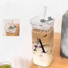 SUNFIONA 1/2 件带盖和吸管的字母形玻璃杯，冰咖啡杯，玻璃杯，11 盎司透明方形饮水杯，适用于咖啡、啤酒、冰沙、鸡尾酒，可用作万圣节和圣诞节礼物 - 無色 - 查看 5