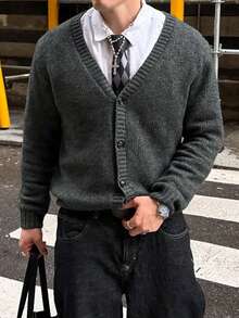 ANDREILEE 男士休闲宽松纯色复古风商务通勤百搭V领纽扣罗纹长袖开衫毛衣，秋冬款 - 灰色 - 查看 3