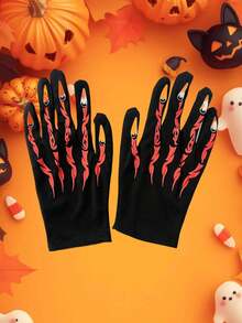1 Par de Luvas com Estampa de Esqueleto de Halloween, Luvas de Fantasia de Garra de Fantasma Vermelha, Acessório de Fantasia para Festa de Halloween e Role Play - Multicolorido - Visão 7