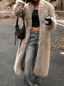 GLOpass 秋冬时尚人造毛皮长款大衣，温暖舒适的街头风 - 灰色 - 查看 3