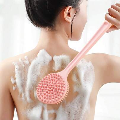 1pc Double-Sided Silicone Bath Brush, Long Handle Shower Brush - Body Massage Relaxing Back Scrubber, Easy To Clean, Soft Bristle Exfoliating Brush, Home Bathroom Use