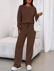 Women's Two-Piece Suit, Sports Suit, Loose Sweatshirt, Sports Pants, Autumn Fashion Casual Matching Suit. - 棕色 - 查看 4